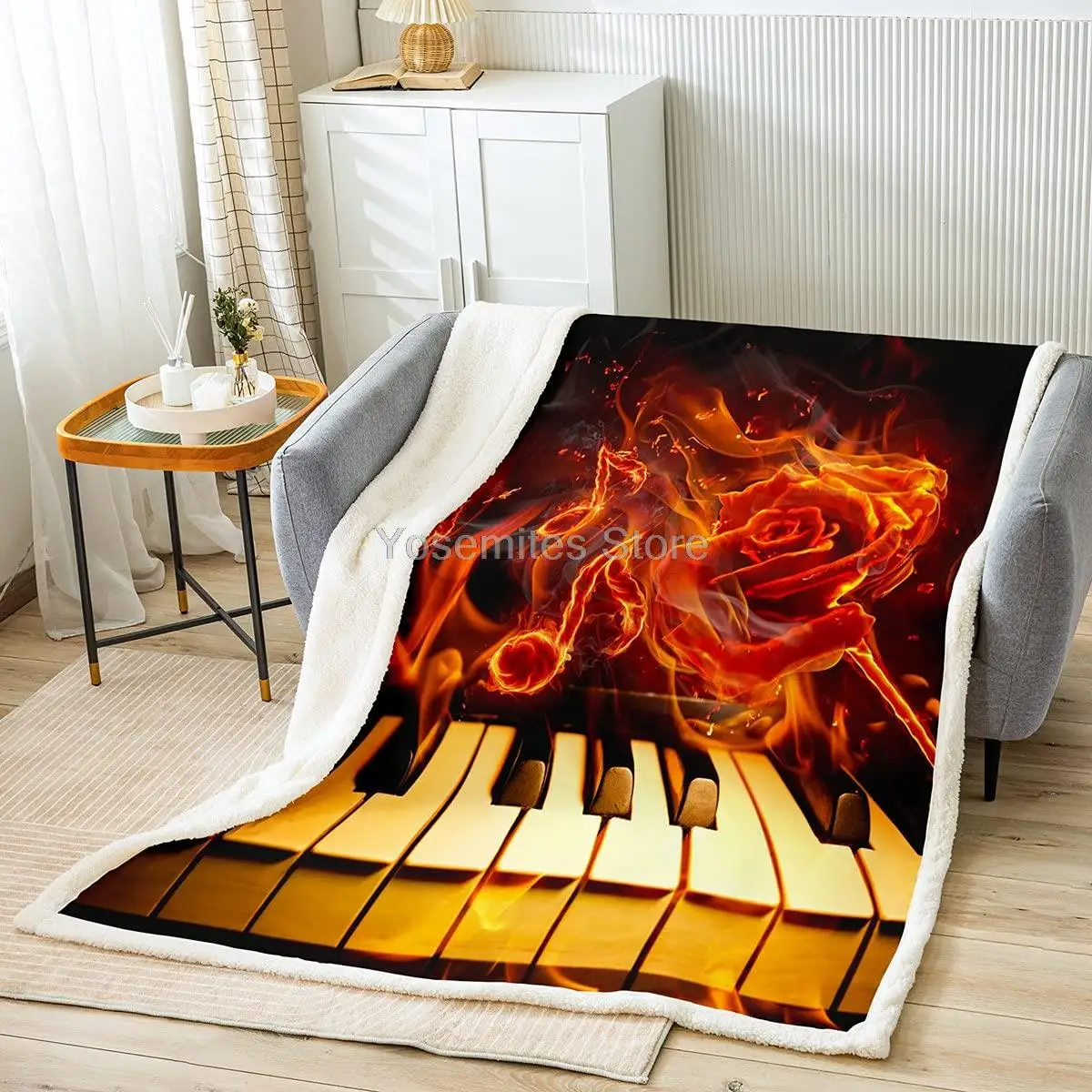 

Castle Fairy Musical Theme Blanket Throw 60x80 Flame Rose Flower Punk Sherpa Blanket Sofa Bed Living Room,Black and White Piano