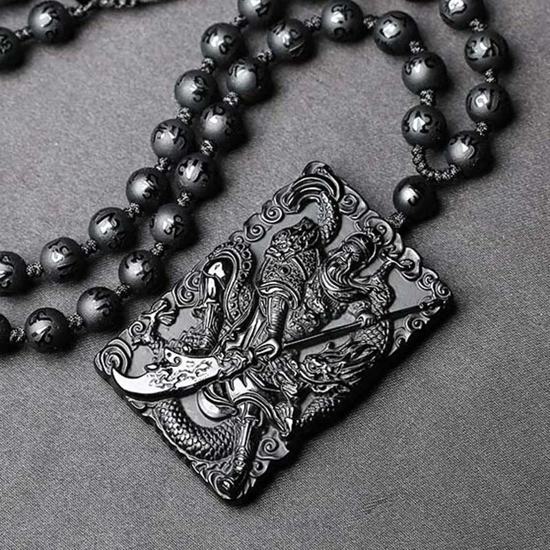 

Drop Shipping Natural Obsidian GuanGong Pendant Necklace Lucky Amulet Crystal Guan Yu Necklace Fne Jewelry Gift
