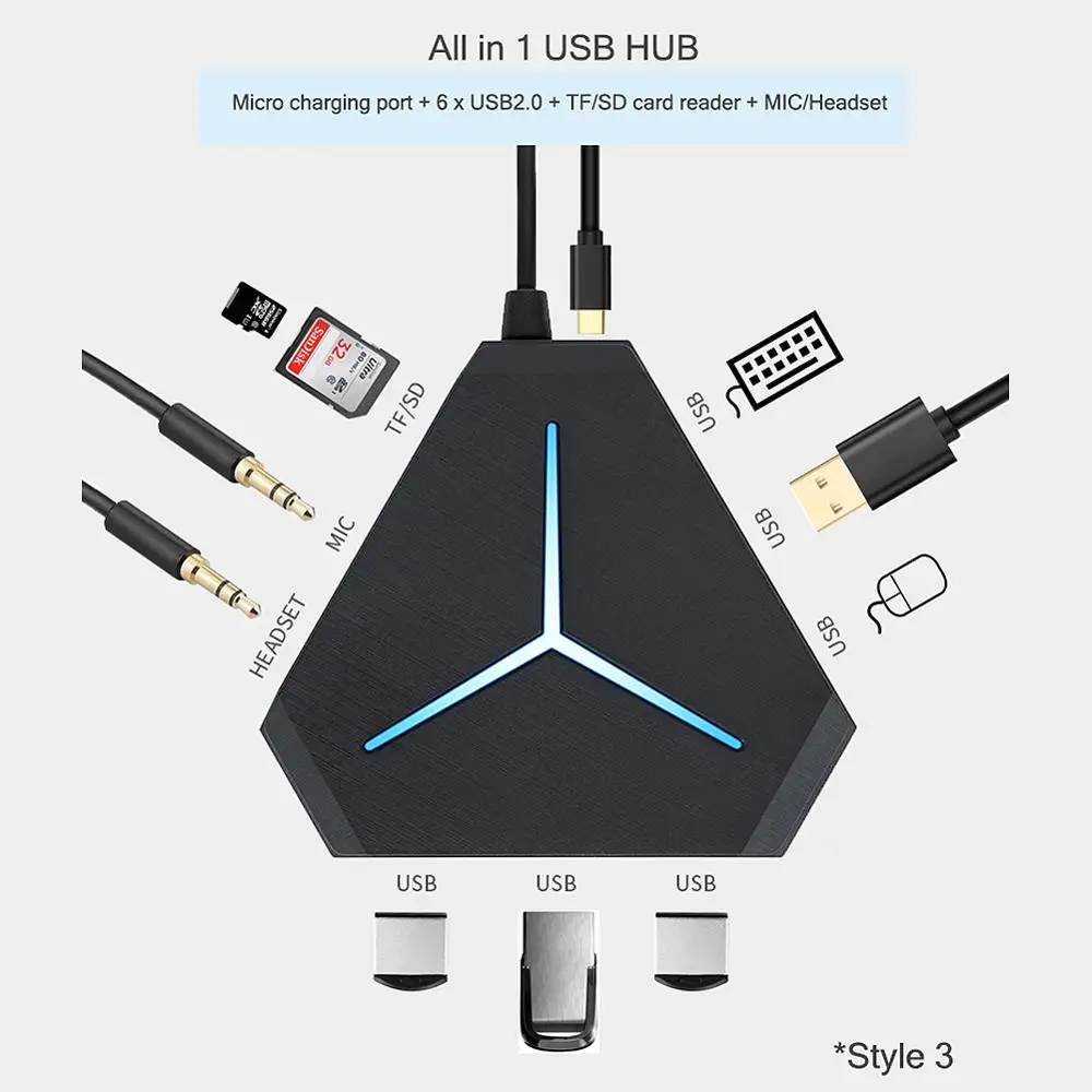 6 портов usb хаб 1 м кабель сплиттер с устройство для чтения карт SD TF Mic AUX крутой