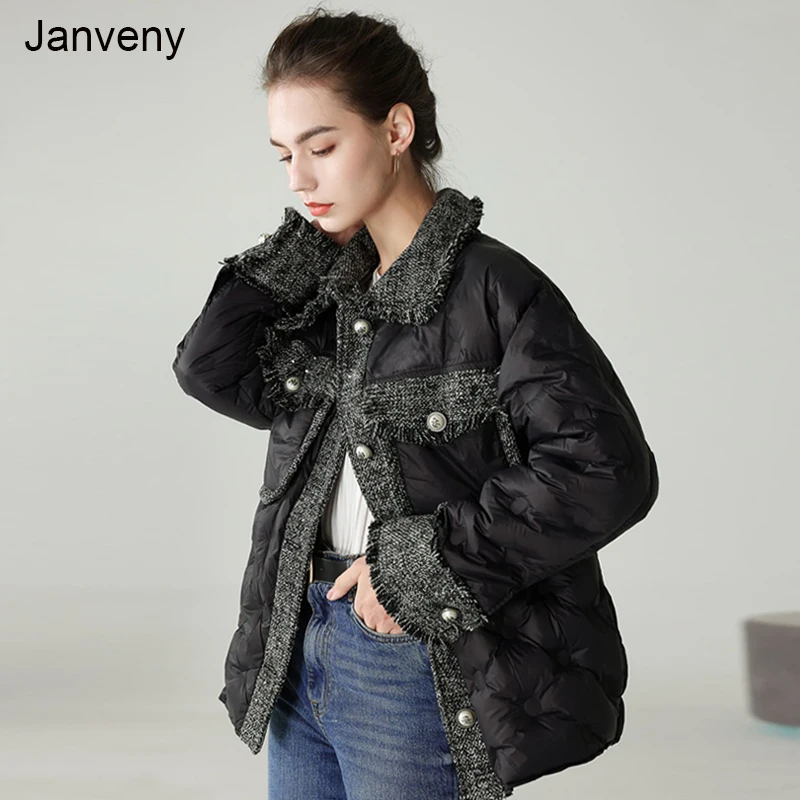 Janveny Winter Ultra Light Down Jacket Women Thick Warm Long Sleeve Female Loose Puffer Feather Parkas 90% White Duck Down Coat