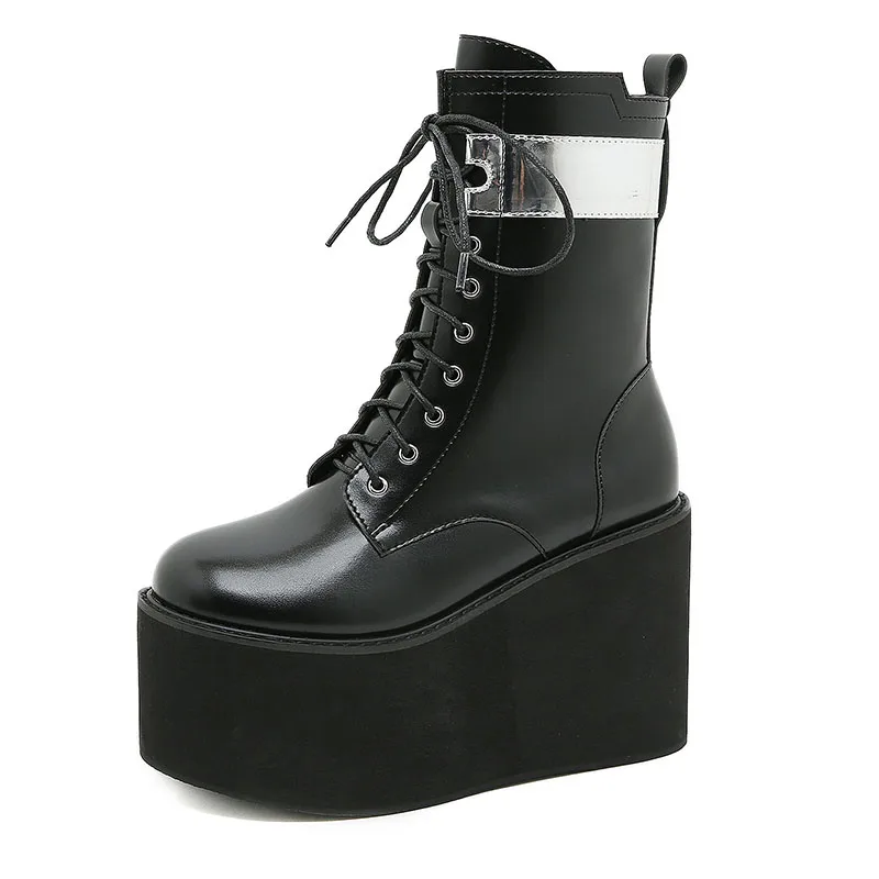 

Women Gothic Platform Ankle Boots 2021 Autumn Woman Punk Lace Up Wedges Ladies Chunky Heels Female Black Solid Shoes Plus Size