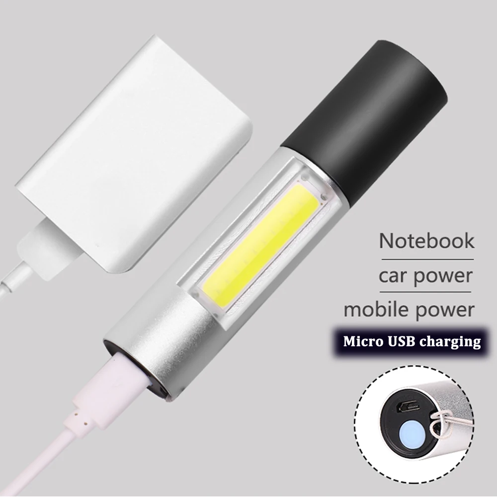 Мини светодиодный фонарик USB Перезаряжаемый с COB боковым фонариком 3 режима Поддержка зум открытый кемпинг свет с Бесплатный usb-кабель