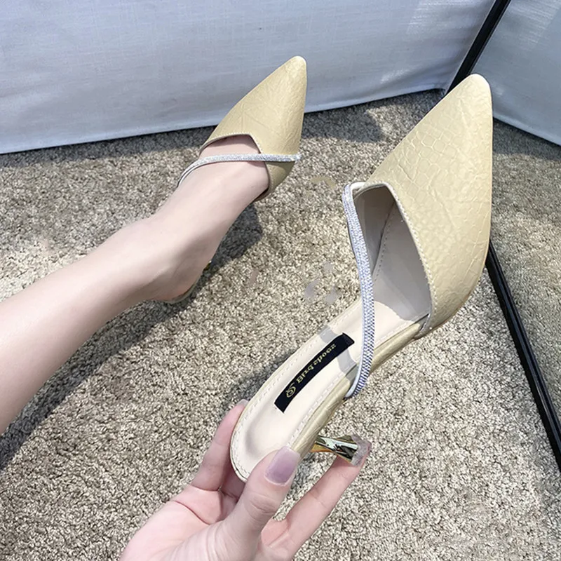 

Thin Heels Cover Toe Med Shoes Heeled Mules Woman's Slippers Glitter Slides Fashion Pointed High 2021 Jelly Luxury PU Crystal