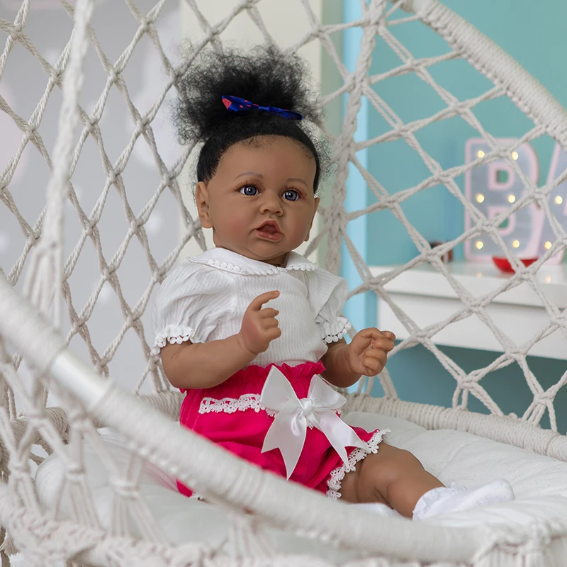 

56CM Handmade African Americ Doll Soft Body Cuddly Baby Gril Reborn Toddler Saskia in Dark Brown Skin High Quality Doll