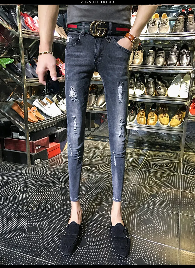 NEW spring autumn skinny strech Casual ripped hole fashion black teenagers hip hop cowboy denim leg jeans men pencil pants