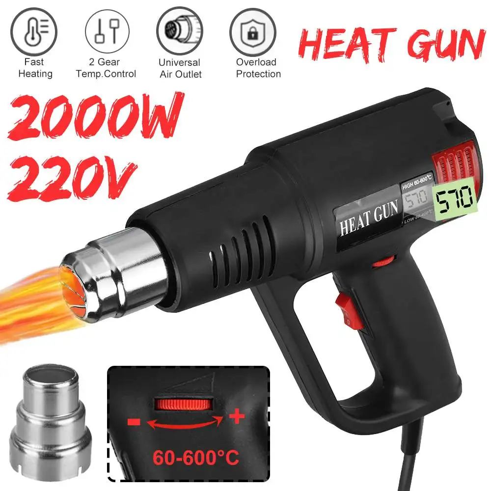 

2000W LCD Display Heat Gun Electric Hot Air Gun Kit Large Handle Variable Temperature for Shrink Wrapping Paint Remover