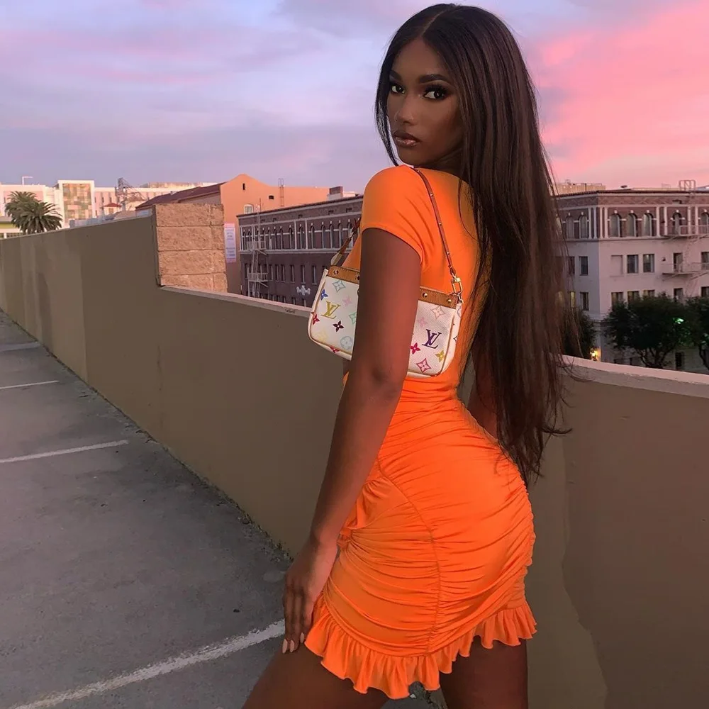 

S - 3XL New Floral Print Fashion Tie Up Wrap Mini Dresses 2021 Summer Holiday Ruffles Sundress Ruched Women Dress Short Sleeve