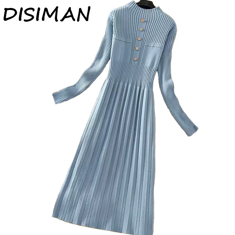 DISIMAN осень 2019 свитер платье новый женский круглый вырез зимняя одежда сплошной