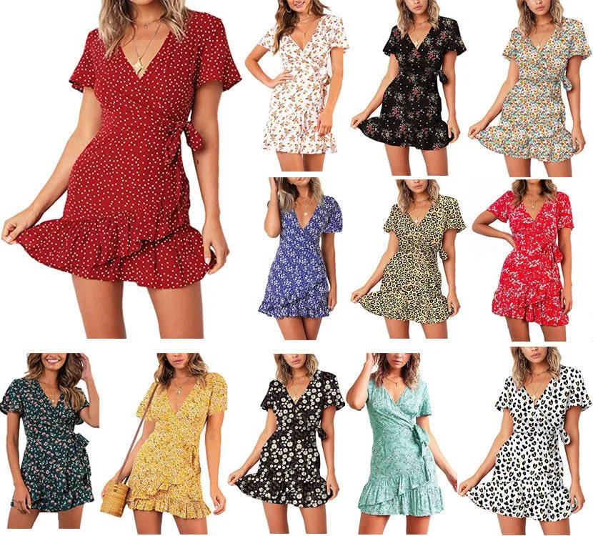 

Express 2021 Summer New Wave Dot Print Short Sleeve Dress Ruffle Butterfly Lace Up Europe and America