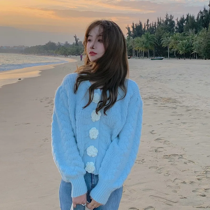 

Autumn Winter Knitted Sweater Cardigan Women Sweet Flower Button Fashion Casual Korean Short Tops Blue Clothing Female H217