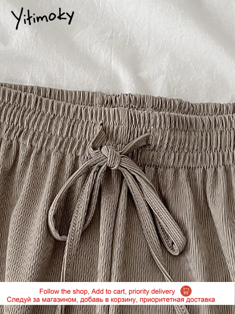 

Yitimoky Drawstring Sweatpants High Waist Women Pants Blue Elastic Bandage Wide Leg Pants Loose Pleated Casual Summer 2021 New