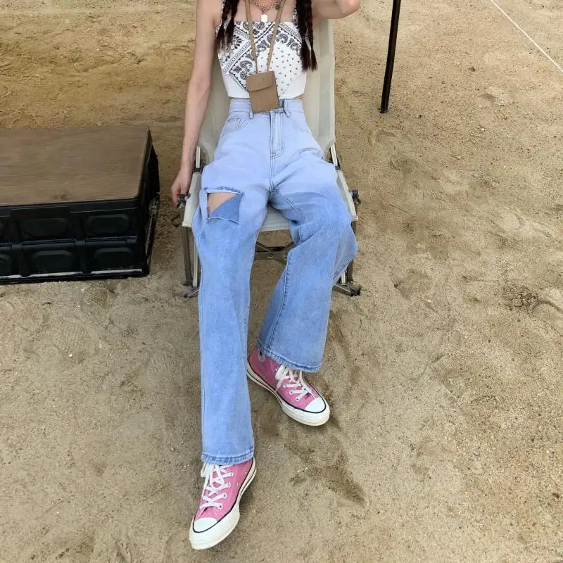 

2021 Summer Women's Jeans New Korean Version Hole High Street Gradient Straight Loose Thin Female Wide-leg Slim Vintage Pants