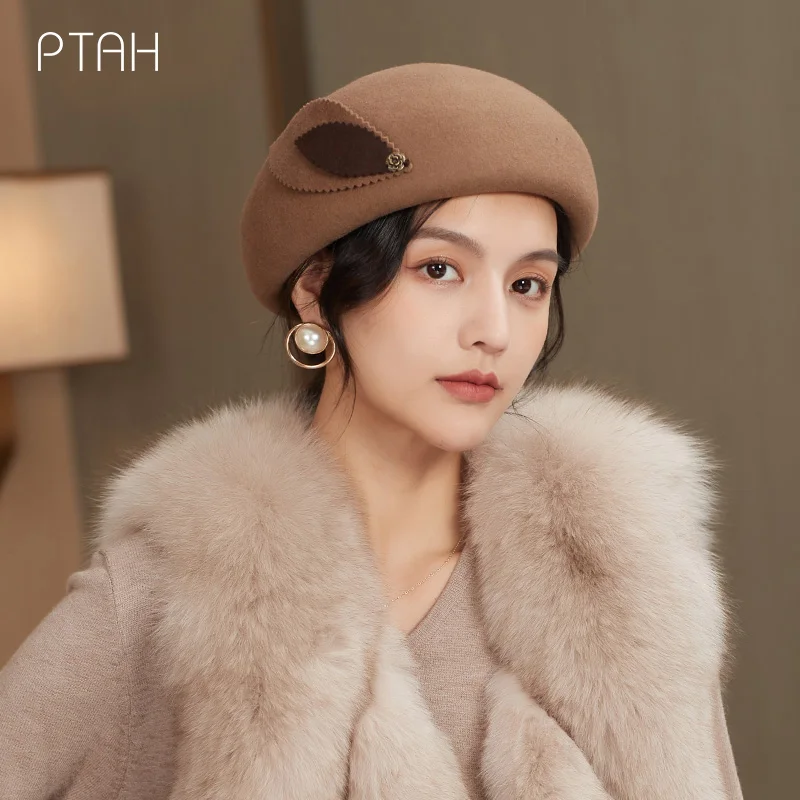 

[PTAH] Wool French Beret Hat Solid Color Beret Caps for Women Girls Elegant Temperament 100% Australian Wool Vintage Plain Beret