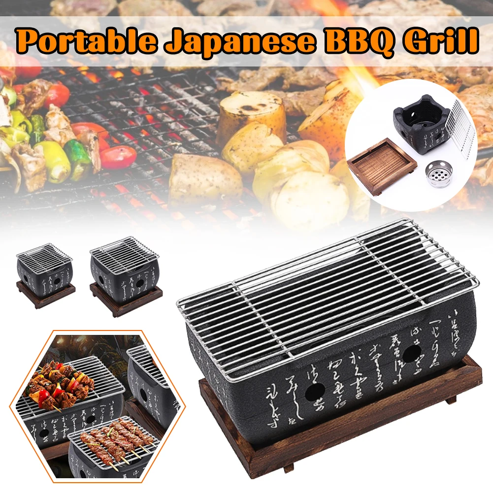 Portable Japanese Style BBQ Grill Table Top Barbecue Aluminium Alloy Stove Food Charcoal Stove With Wire Rack And Base Tray