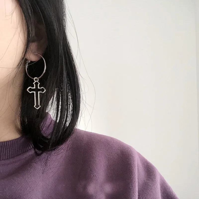 

Fashion Punk Hollow Cross Pendant Dangle Earrings For Women Minimalist Silver Color Round Circle Drop Dangle Earring Ear Jewelry