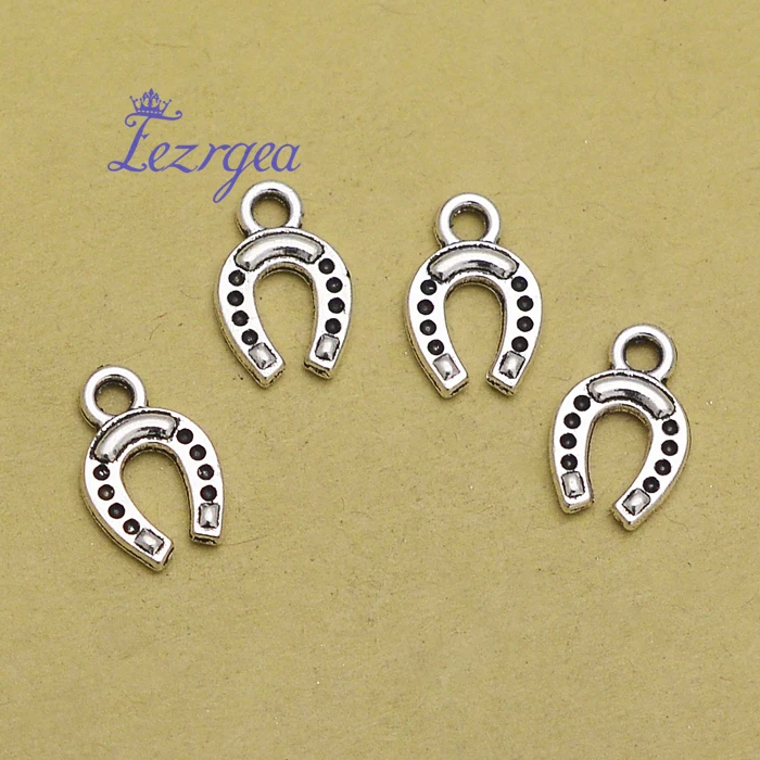 60 шт./лот -- 14x9 мм подковы античные посеребренные Подвески для обуви Lucky Horse