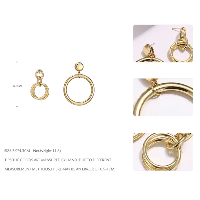 Yhpup Trendy Minimalist CCB Asymmetry Round Circle Gold Dangle Earrings Plated Gold Orecchini Statement Jewelry 925 Women Office