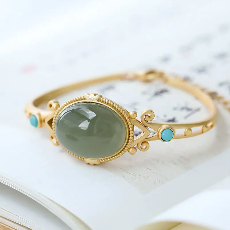 

S925 Sterling Silver Gold Plated Natural Hetian Gray Jade Turquoise Bracelet Natural Classic Palace Style Bracelet Ornament