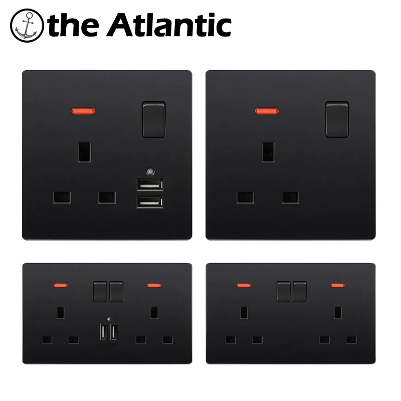 

UK Standard Power Socket 13A Dual USB Charger Ports 2.1A LED Indicator Single Double Wall Outlet Black Plastic Malta Singapore