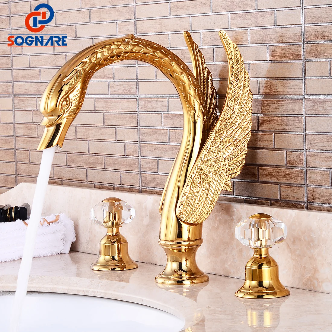 

Bathroom Basin Faucet Gold Luxury Sink Mixer Hot Cold Water Brass Swan Faucet Double Handle Three Holes Tap Смеситель Для Ванной