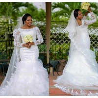 african mermaid lace wedding dresses beads sequins boat neck illusion long sleeves cheap plus size bridal gowns vestidos