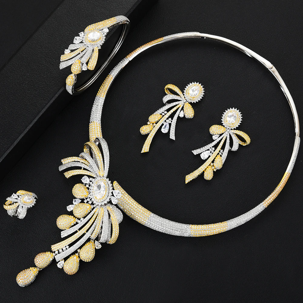 

GODKI Luxury Tassel Flower Leaf Luxury Women Nigerian Wedding Naija Bride Cubic Zirconia Necklace Dubai 4PCS Dress Jewelry Set