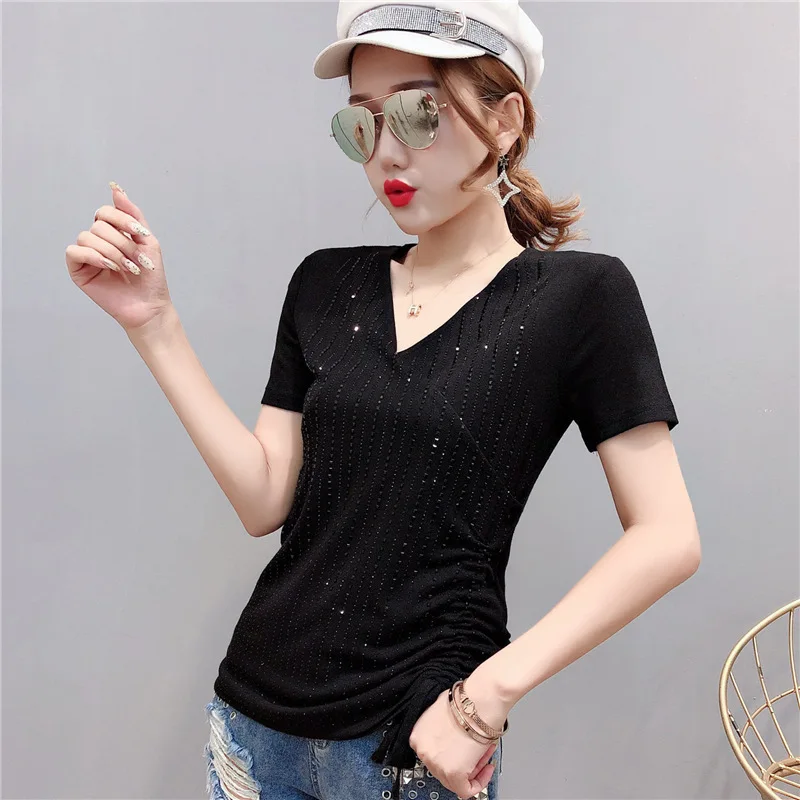 Летняя Модная белая футболка с коротким рукавом и бриллиантами женские черные