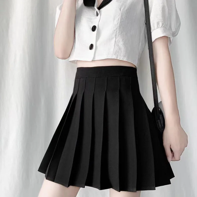 

Pleated skirt short skirt female new summer solid color anti-glare college style high waist Korean black and white A-line skirt