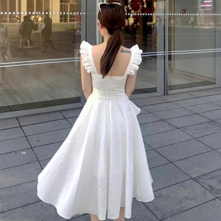 

French white dress women's summer 2021 New Retro waist fold skirt mid length knee length Platycodon skirt