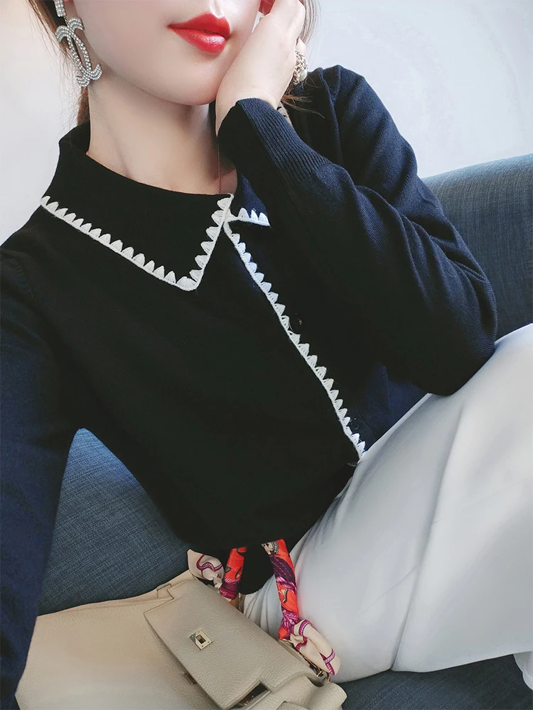 

Shangweiluo fashion Lapel Sweater Jacket Women's short style foreign style autumn new style with slim long sleeve knitted