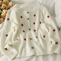women strawberry embroidered cardigan sweater autumn knitted argyle long sleeve female jumpers casual loose ladies sweaters