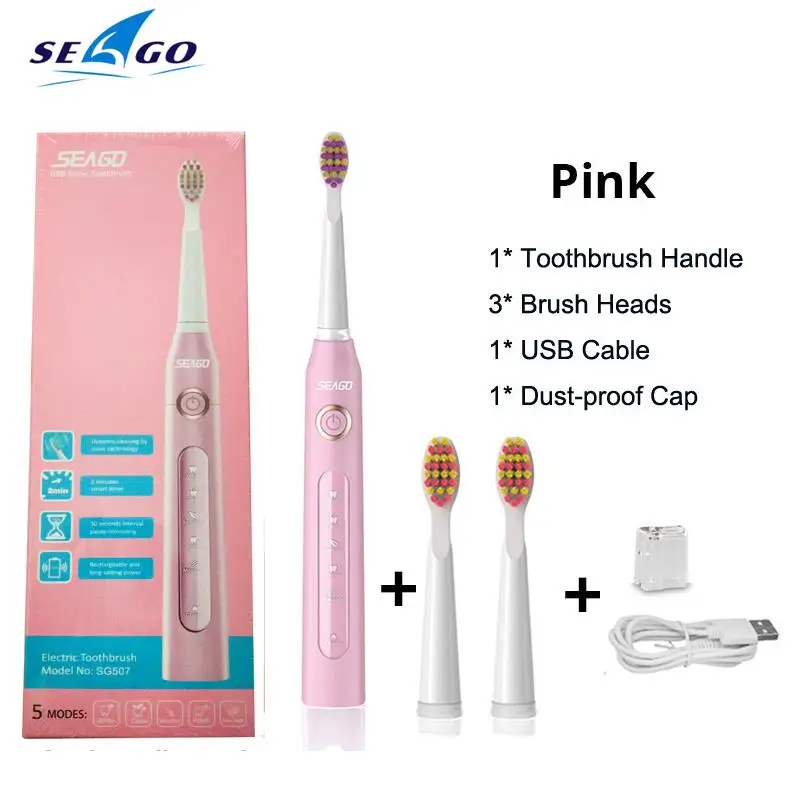 SeagoPink Seago SG-507, электрическая зубная щетка, звуковая волна, вибрация, чистое отбеливание зубов, 3 сменные насадки, 5 режимов, зарядка от USB - Цвет: SeagoPink
