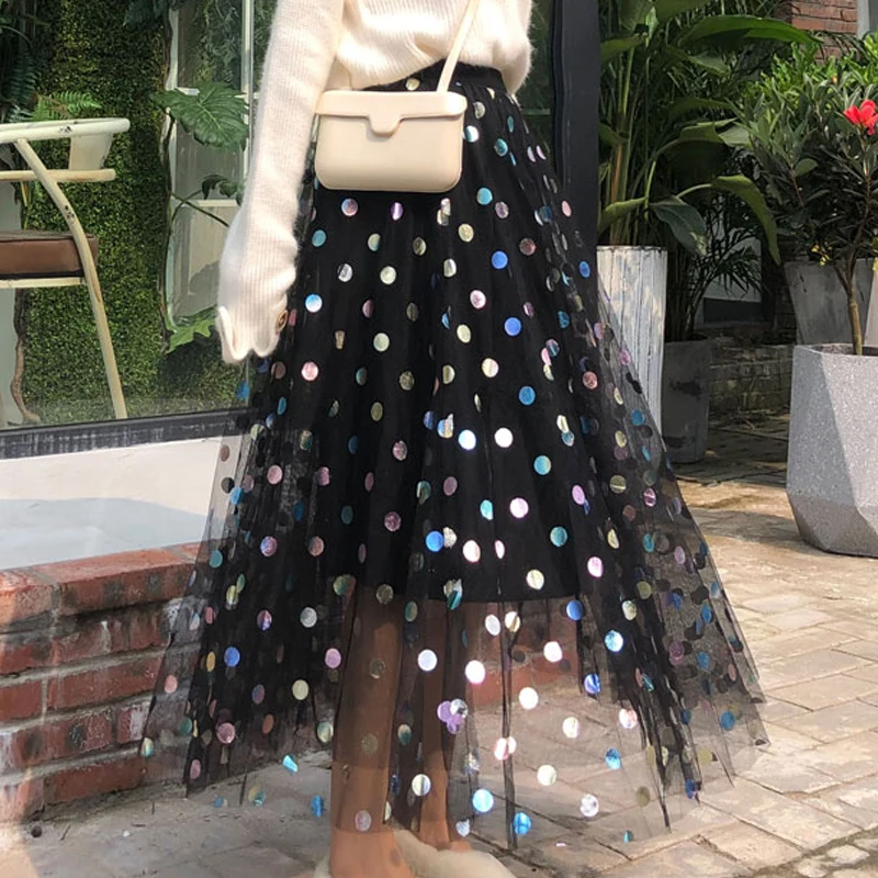 

Skirt Female Sequins Mesh Long 2020 Spring Summer Autumn Skirt Female Korean Version Gauze Pettiskirt Large Swing Skirts Womens