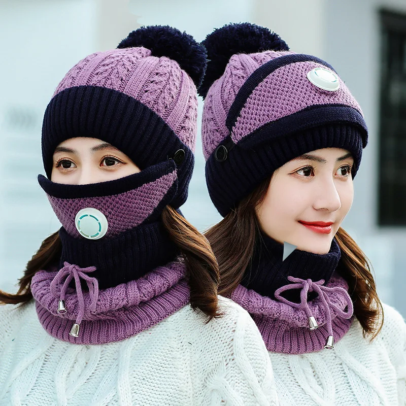 

Hat And Scarf Pompoms Women Winter Hat Bib Set Thick Plus Cashmere Warm Masks Hat Scarf Crochet Cap 3 Pieces Set Neckerchief Hat