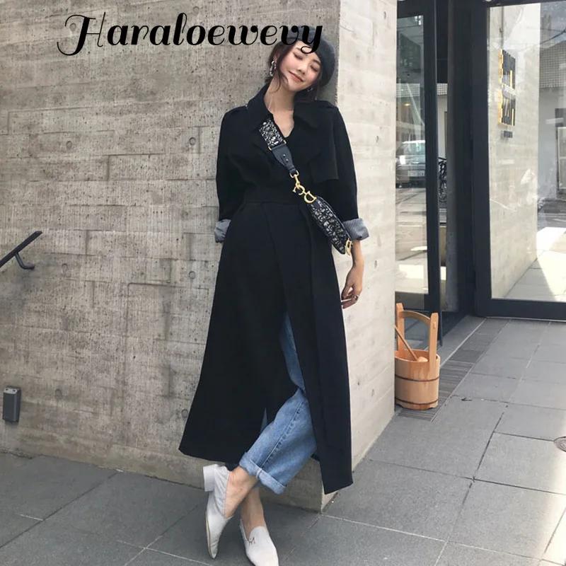 Женское длинное пальто с отложным воротником в стиле Харадзюку черный и бежевый