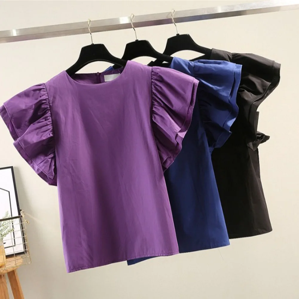 Корейская футболка с оборками Женская модная офисная круглым вырезом и коротким