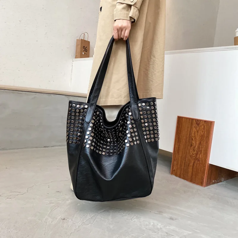 western style texture 2022 new women trendy fashion simple high sense large capacity rivet all match single shoulder bucket bag free global shipping