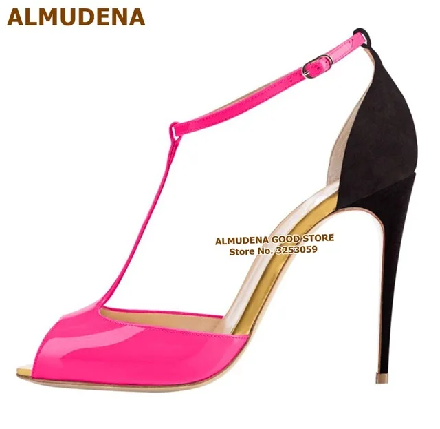 ALMUDENA Women Burgundy Patent Leather T-strap Pumps Stiletto Heels Wine Red Open Toe T-bar Dress Shoes Ankle Buckle Strap Shoes