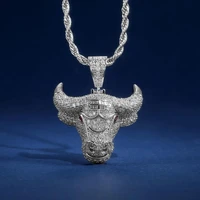 hip hop necklace trend silver color bling cubic zirconia red eye bull head pendant necklace for men women