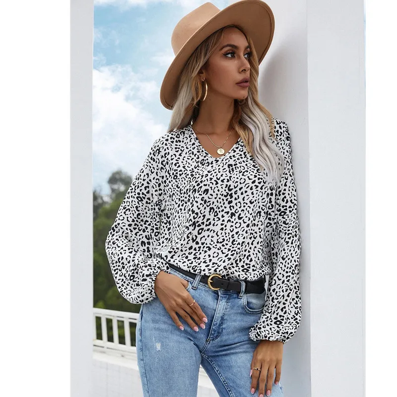 

Chiffon Blouse Spot Printing Pullover V-neck Autumn Ladies Shirts Office Lady Casual Loose Tops Long Sleeve Sweet Women Blouses