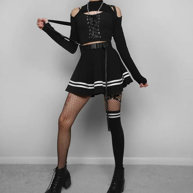 Темная хлопковая Футболка Fitshinling Goth для женщин водолазка с вырезами и открытыми