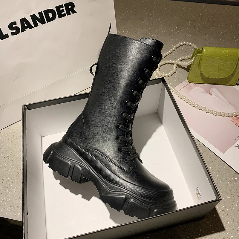 

Hkyx Genuine Leather Motorcycle Boots Women Shoes Platform Flat Boots Round Toe Zipper Ladies Med Calf Boots Autumn Black 40