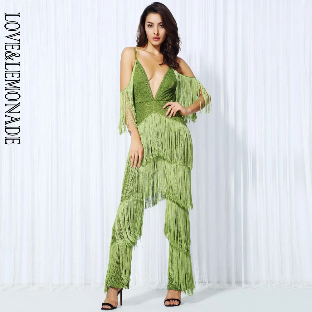 Комбинезон LOVE & LEMONADE черный с геометрическим узором и кружевной кисточкой