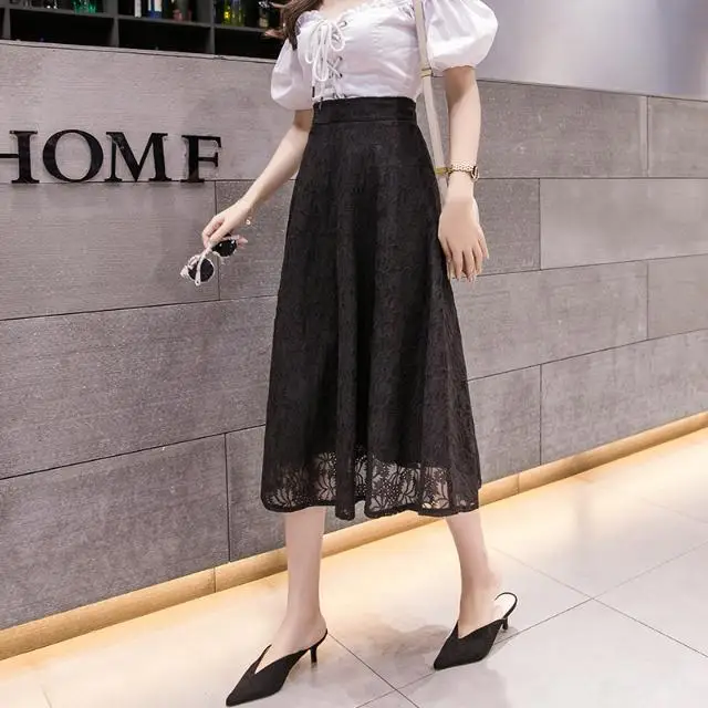Женская кружевная юбка с высокой талией до колена | одежда