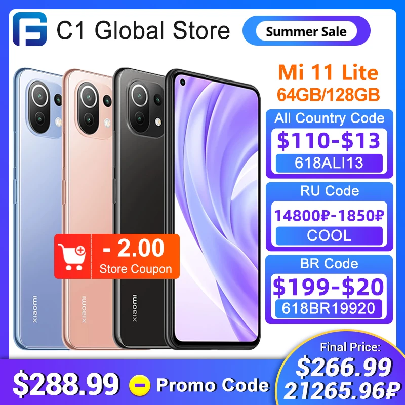 Глобальная версия Xiaomi Mi 11 Lite NFC 64GB/128GB Смартфон Snapdragon 732 Octa Core 64MP тыловая камера 33 Вт