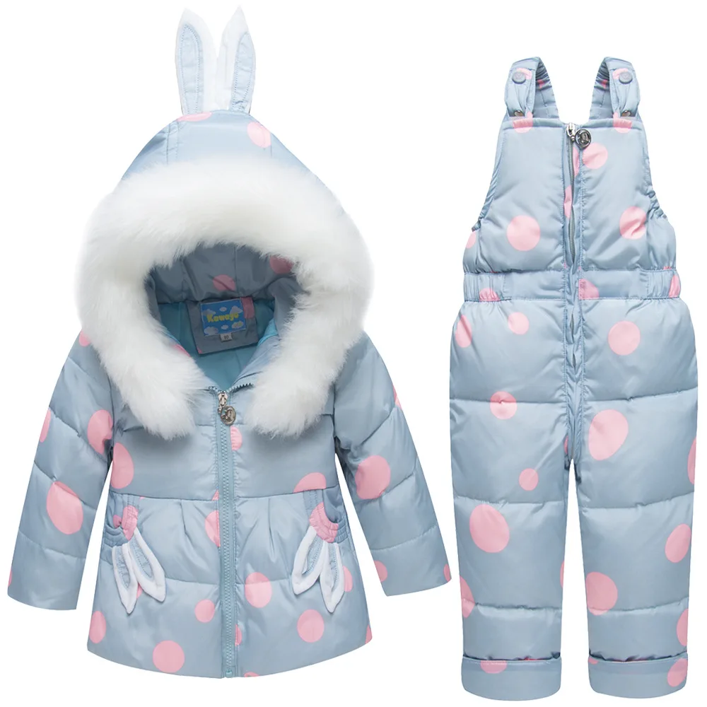 

-30 Winter Russia Children Snowsuit Clothing Set 80% Duck Down Pants-Jacket for Baby Girls Boys Coat Pony Overcoat Rabbit Ear