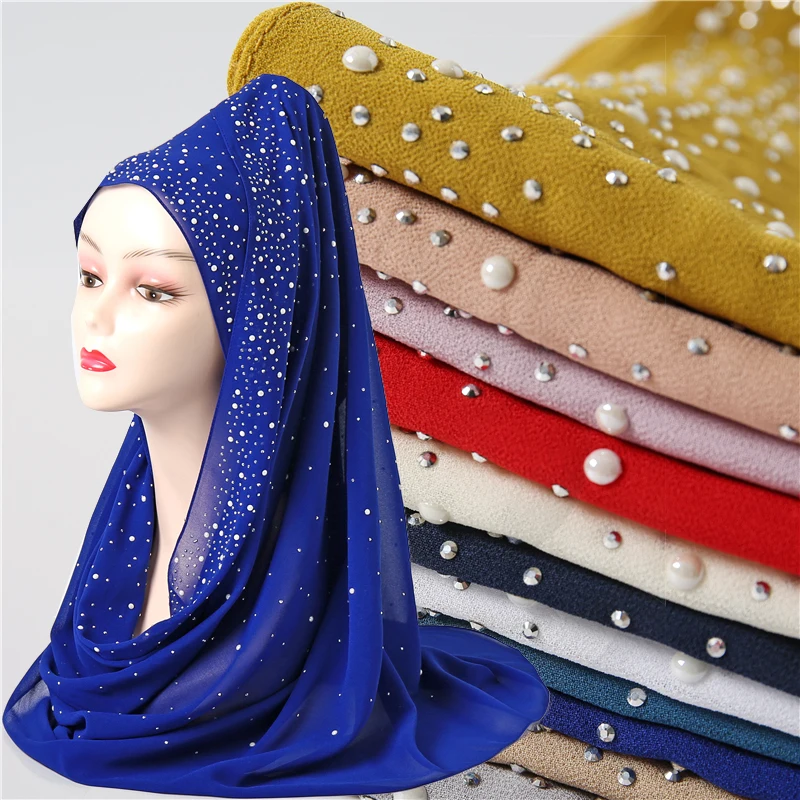 

2021 Popural Muslim Bubble Chiffon Pearls Scarf Women Hijab Solid Plain Headscarves Shawl Wrap Malaysia Foulard Bandana 22color