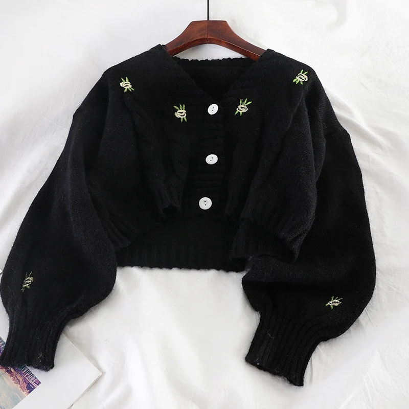 Корейский вязаный кардиган с v образным вырезом и длинными рукавами фонариками