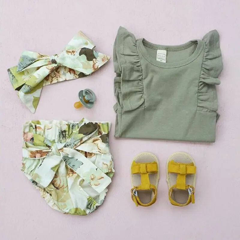 

Newborn Baby Girl 3Pcs Set Clothes Infant Ruffle Sleeve Romper+Floral Print Shorts+Headband Outfits Summer Fashion Casual