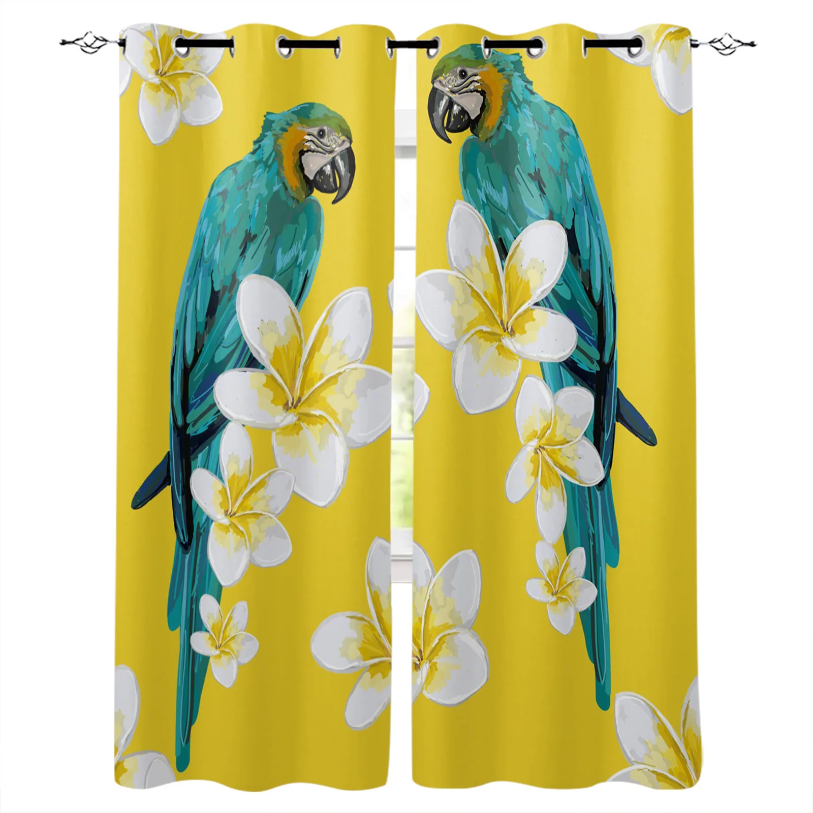 

Green Parrot Watercolor Painting Flowers Plumeria Curtain for Kids Girls Bedroom Living Room Window Curtains Decoration